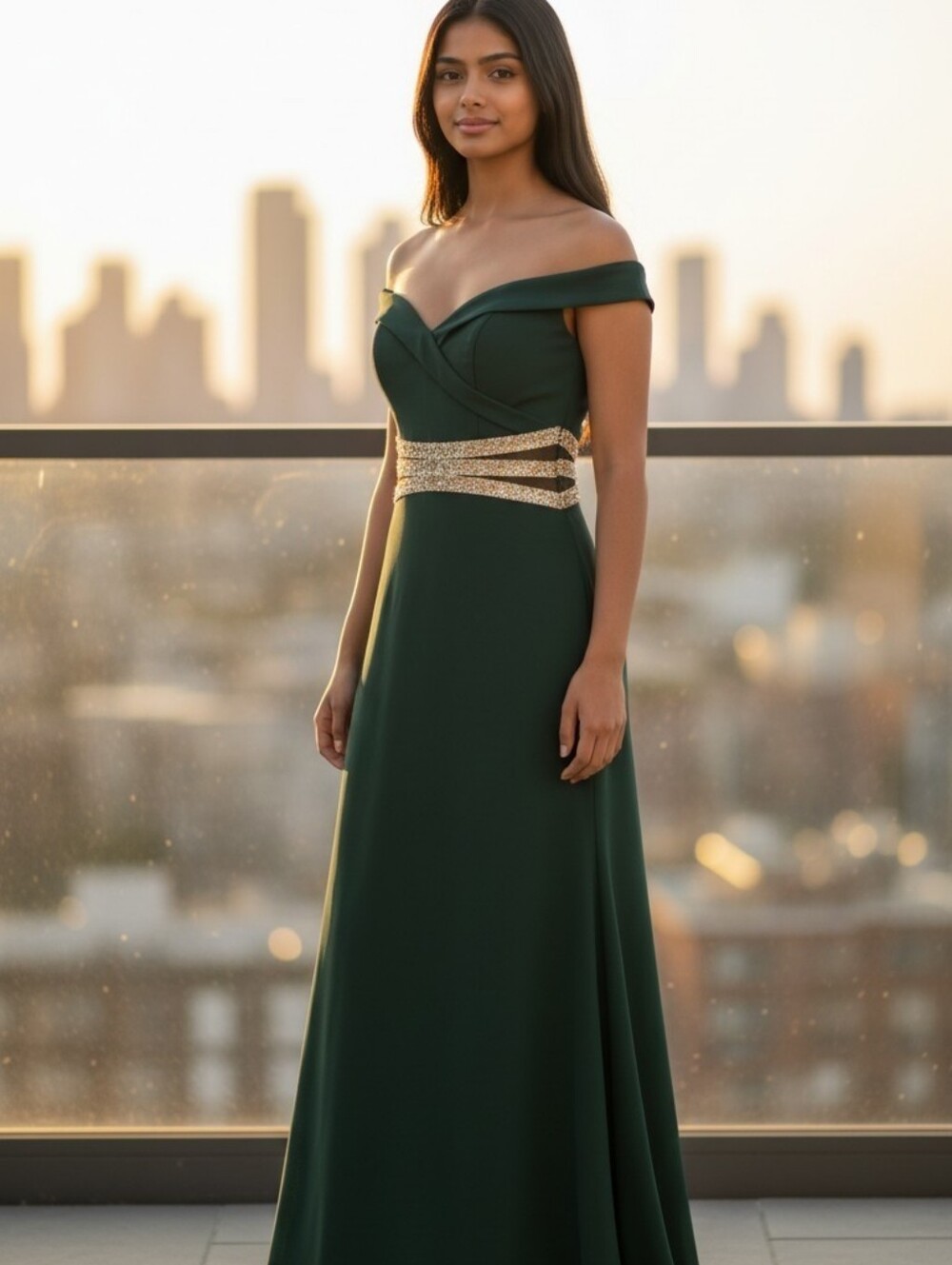 Emerald Green Off-Shoulder Evening Gown with Rhinestone Waist